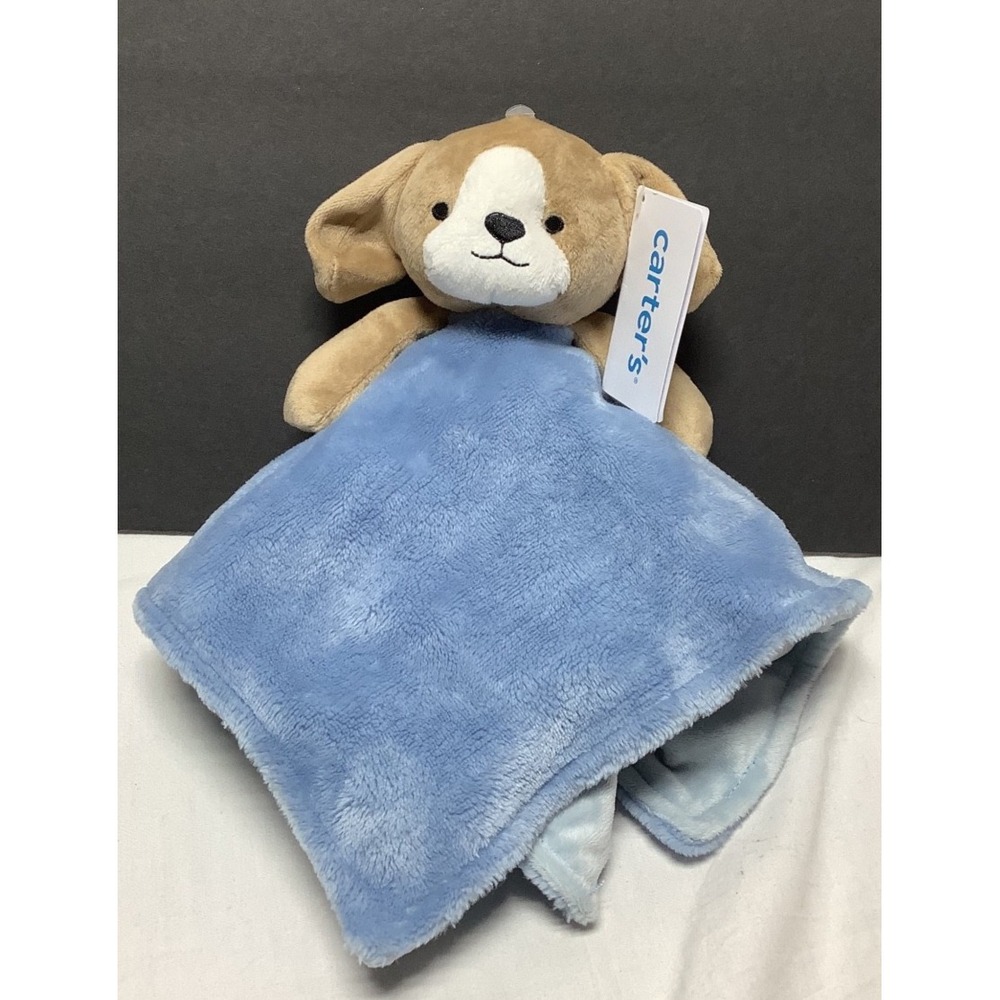 New Carter's Puppy Dog Brown Plush Blue Security Blanket Lovey 14"x14"